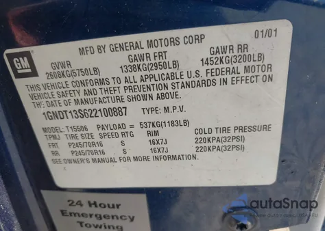 2002 Chevrolet Trailblazer Lt z USA, uszkodzony, nr VIN 1GNDT13S622100887